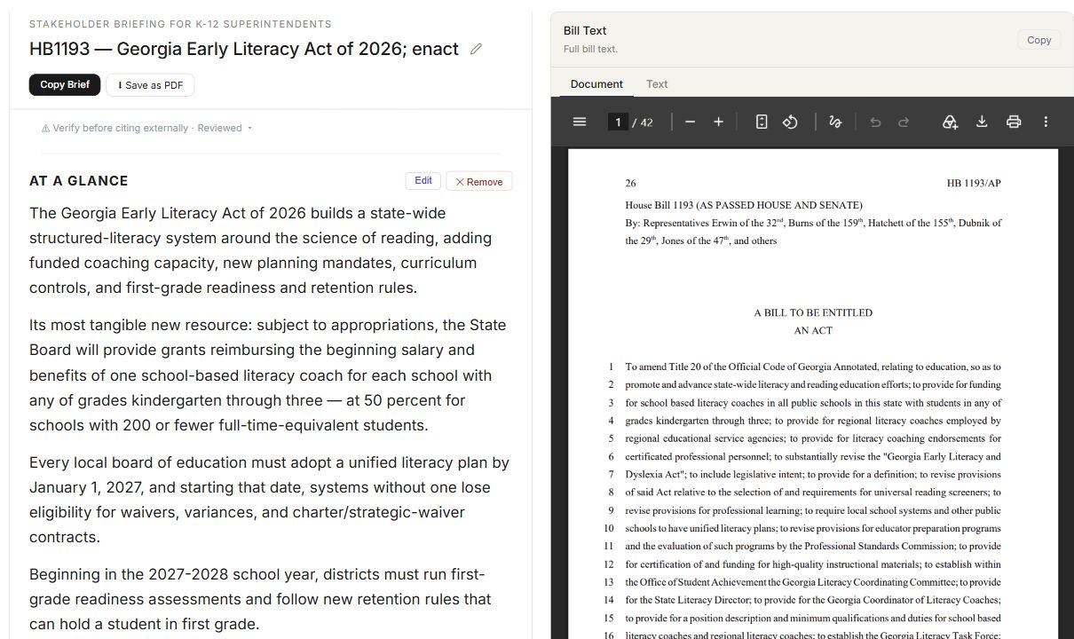 Real Lobb-E screenshot showing an HB1193 briefing for K–12 superintendents beside the original bill. The briefing retains the phrase subject to appropriations.